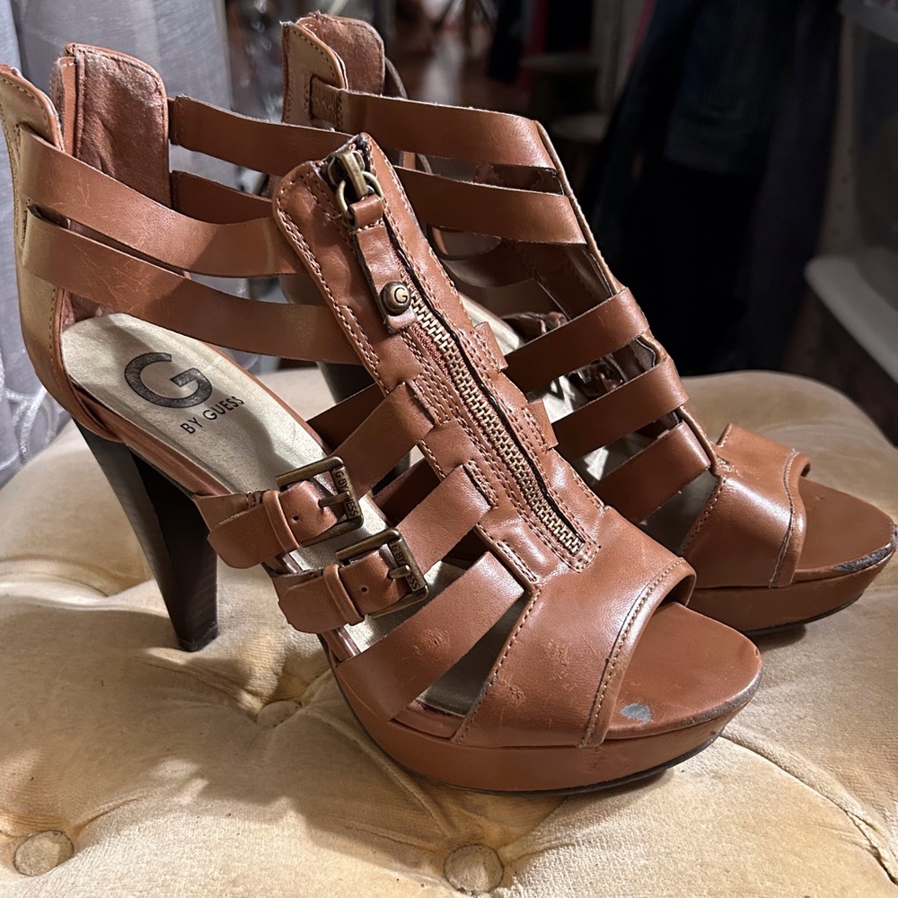 G by Guess Huiza Brown Strappy Leather Front & Back Zip Up Platform Heels, 8M